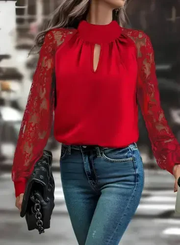 Women's Long Sleeve Chest Window Detail Turtleneck Tulle Sleeve Sandy Blouse - 1