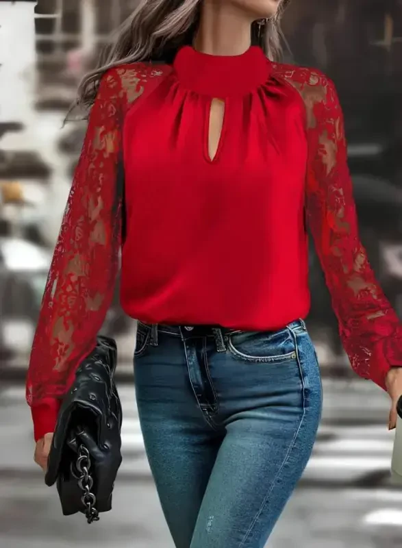 Women's Long Sleeve Chest Window Detail Turtleneck Tulle Sleeve Sandy Blouse - BÜYÜKBEDENIZ