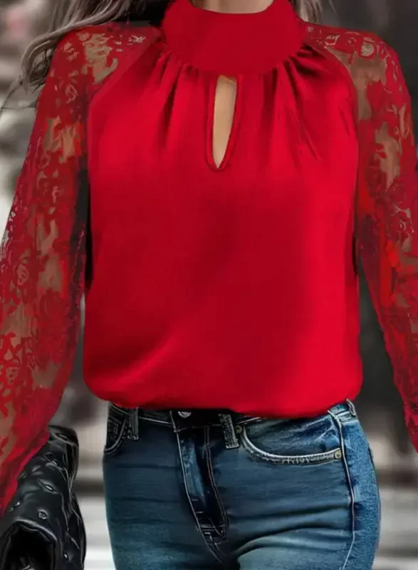 Women's Long Sleeve Chest Window Detail Turtleneck Tulle Sleeve Sandy Blouse - 2