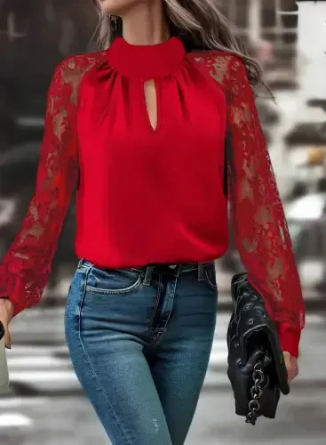 Women's Long Sleeve Chest Window Detail Turtleneck Tulle Sleeve Sandy Blouse - 3