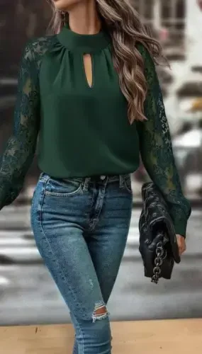 Women's Long Sleeve Chest Window Detail Turtleneck Tulle Sleeves Sandy Blouse - 1