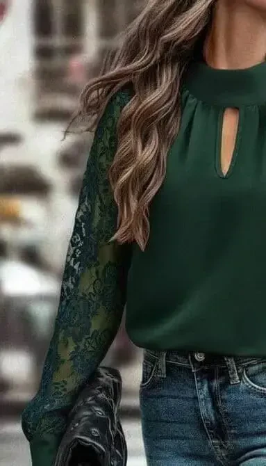 Women's Long Sleeve Chest Window Detail Turtleneck Tulle Sleeves Sandy Blouse - 3