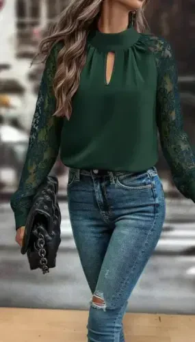 Women's Long Sleeve Chest Window Detail Turtleneck Tulle Sleeves Sandy Blouse - 4