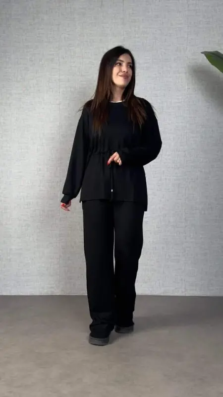 Women's Long Sleeve Collar And Gather Detail Tunic And Pants Set - 3