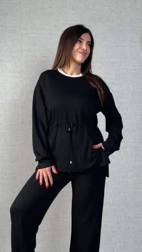 Women's Long Sleeve Collar And Gather Detail Tunic And Pants Set - 1