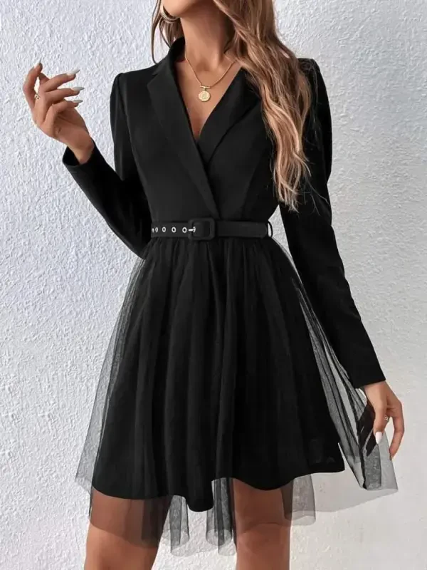 Women's Long Sleeve Collar Belt Detailed Mini Tulle Imported Crepe Dress - 1