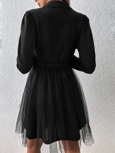 Women's Long Sleeve Collar Belt Detailed Mini Tulle Imported Crepe Dress - 3