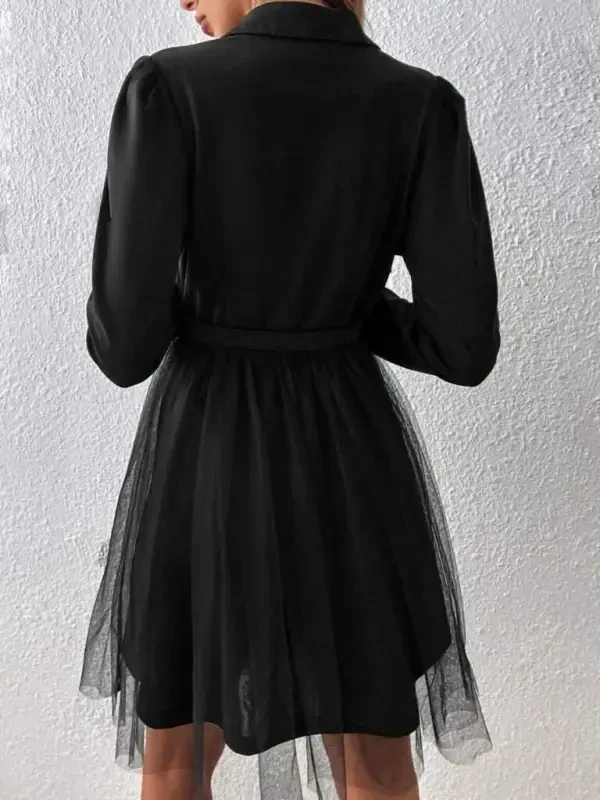 Women's Long Sleeve Collar Belt Detailed Mini Tulle Imported Crepe Dress - 3
