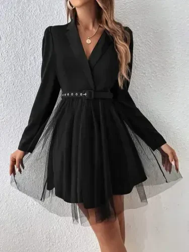 Women's Long Sleeve Collar Belt Detailed Mini Tulle Imported Crepe Dress - 4