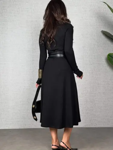 Women's Long Sleeve Collar Belted Leather Detailed Slit Midi Viscose Two Thread Dress - BÜYÜKBEDENIZ (1)