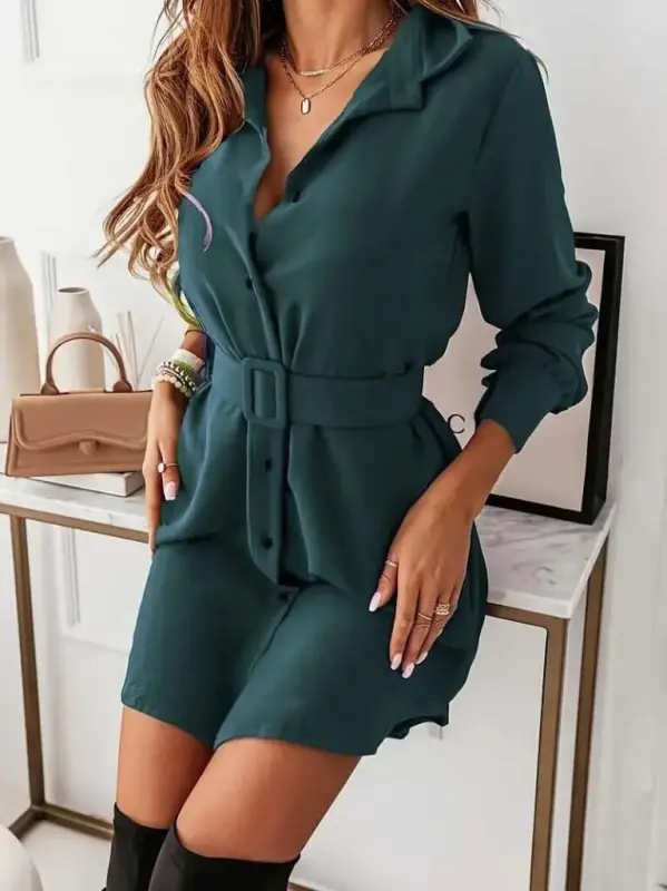 Women's Long Sleeve Collar Belted Mini Imported Crepe Dress - 1