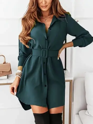 Women's Long Sleeve Collar Belted Mini Imported Crepe Dress - 2