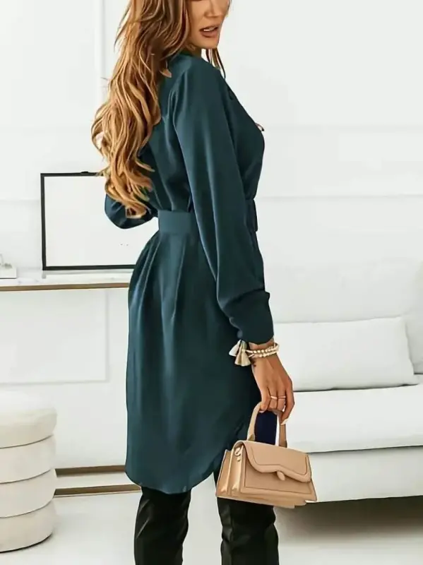 Women's Long Sleeve Collar Belted Mini Imported Crepe Dress - 3