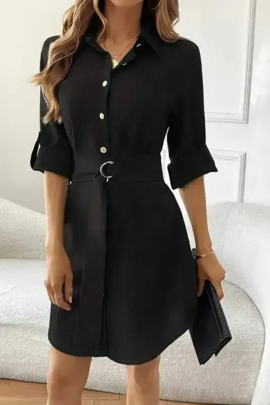 Women's Long Sleeve Collar Button-Down Belted Mini Imported Linen Dress - 1