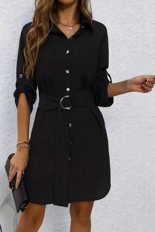 Women's Long Sleeve Collar Button-Down Belted Mini Imported Linen Dress - 2