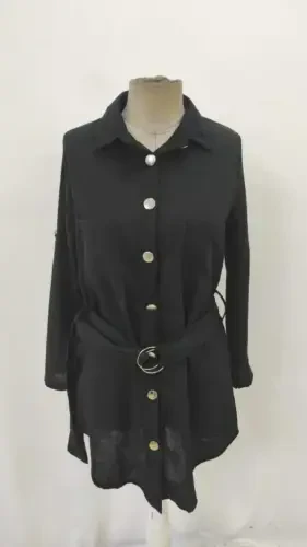 Women's Long Sleeve Collar Button-Down Belted Mini Imported Linen Dress - 6