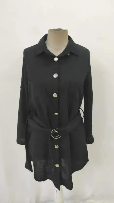 Women's Long Sleeve Collar Button-Down Belted Mini Imported Linen Dress - 6