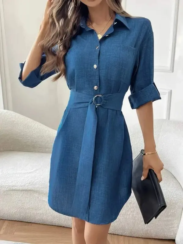 Women's Long Sleeve Collar Button-Down Belted Waist Mini Imported Linen Dress - BÜYÜKBEDENIZ