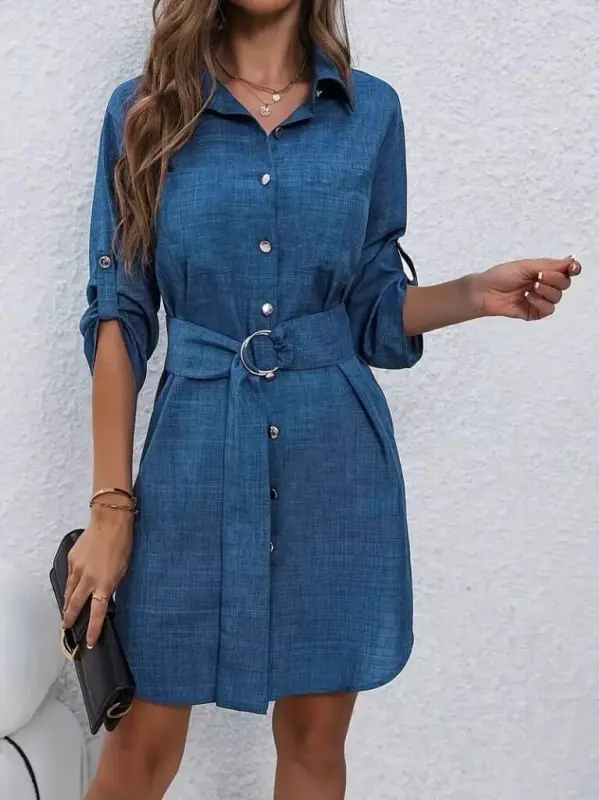 Women's Long Sleeve Collar Button-Down Belted Waist Mini Imported Linen Dress - 2