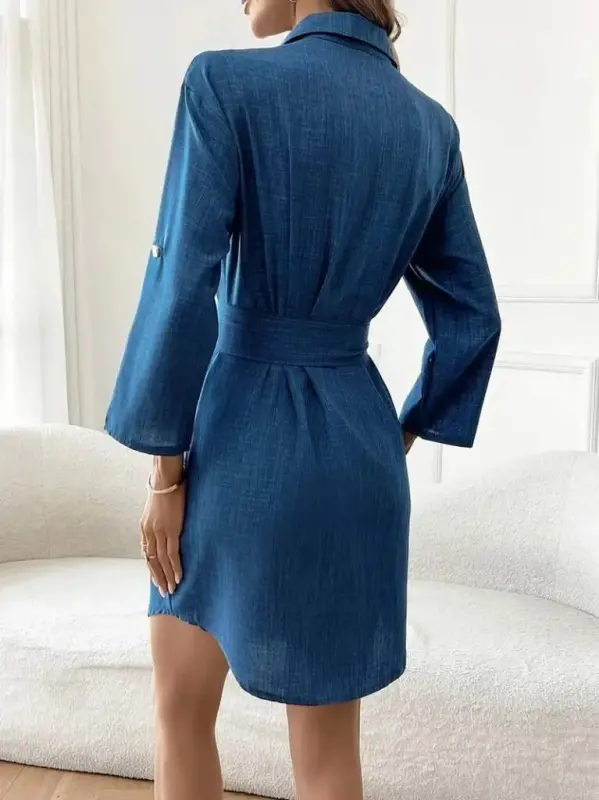 Women's Long Sleeve Collar Button-Down Belted Waist Mini Imported Linen Dress - 3