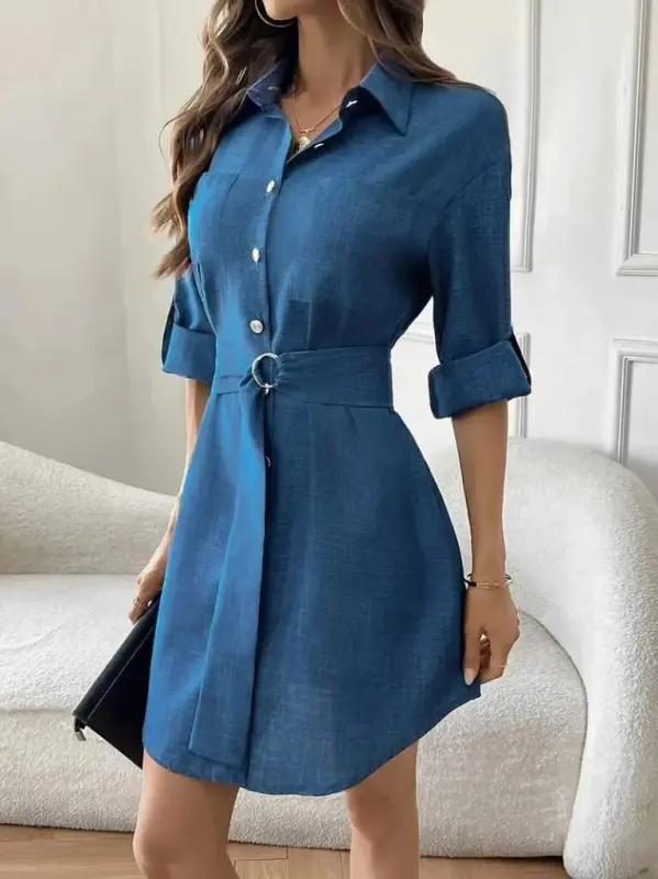 Women's Long Sleeve Collar Button-Down Belted Waist Mini Imported Linen Dress - 4