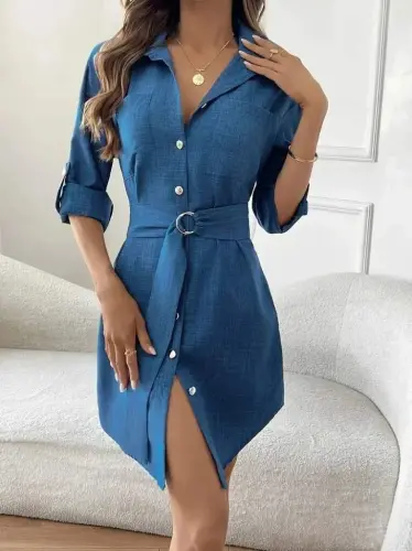 Women's Long Sleeve Collar Button-Down Belted Waist Mini Imported Linen Dress - 5