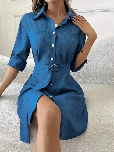 Women's Long Sleeve Collar Button-Down Belted Waist Mini Imported Linen Dress - 6