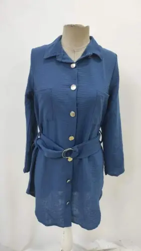 Women's Long Sleeve Collar Button-Down Belted Waist Mini Imported Linen Dress - 7