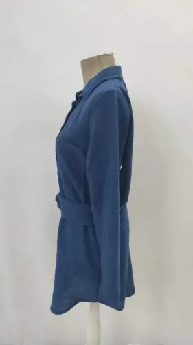 Women's Long Sleeve Collar Button-Down Belted Waist Mini Imported Linen Dress - 8
