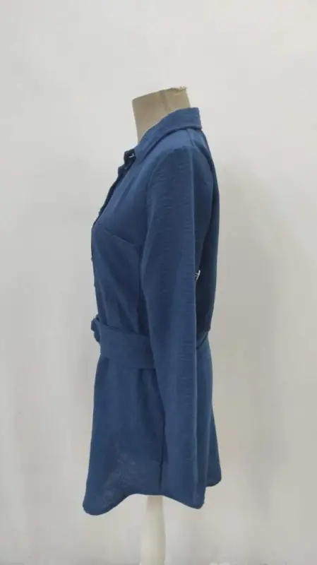 Women's Long Sleeve Collar Button-Down Belted Waist Mini Imported Linen Dress - 8