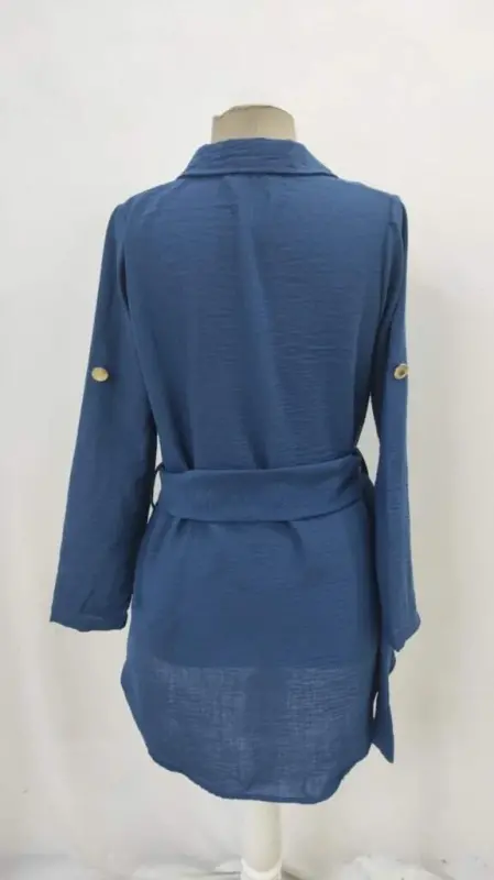 Women's Long Sleeve Collar Button-Down Belted Waist Mini Imported Linen Dress - 9