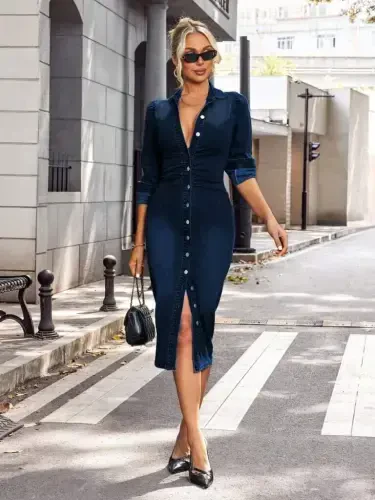 Women's Long Sleeve Collar Button-Down Midi Denim Dress - 1