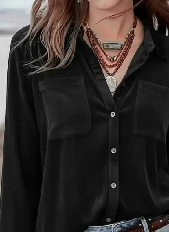 Women's Long Sleeve Collar Button-Down Pocket Detailed Velvet Shirt - 2