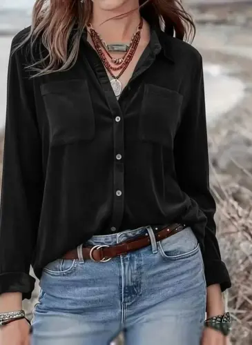 Women's Long Sleeve Collar Button-Down Pocket Detailed Velvet Shirt - 1