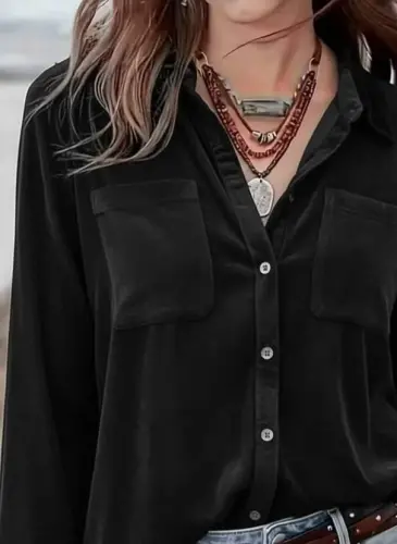 Women's Long Sleeve Collar Button-Down Pocket Detailed Velvet Shirt - 2