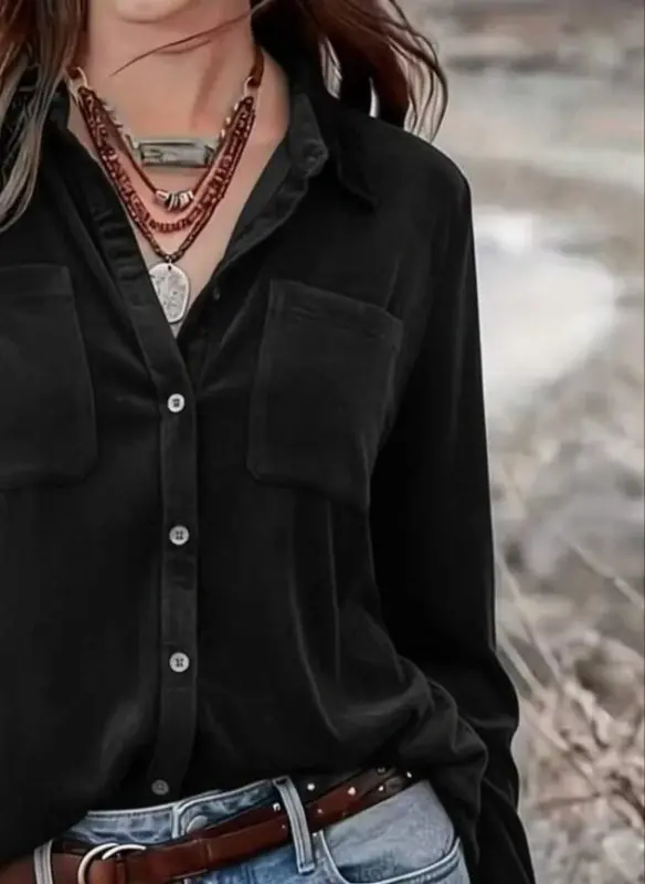 Women's Long Sleeve Collar Button-Down Pocket Detailed Velvet Shirt - 3