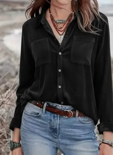 Women's Long Sleeve Collar Button-Down Pocket Detailed Velvet Shirt - 4