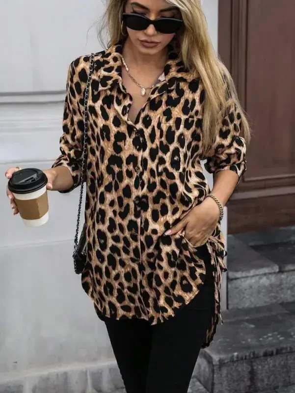 Women's Long Sleeve Collar Button-Down Side Lace-Up Leopard Print Modal Blouse - BÜYÜKBEDENIZ