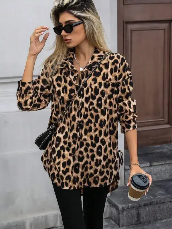 Women's Long Sleeve Collar Button-Down Side Lace-Up Leopard Print Modal Blouse - 2