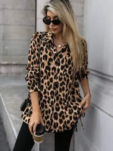 Women's Long Sleeve Collar Button-Down Side Lace-Up Leopard Print Modal Blouse - 3