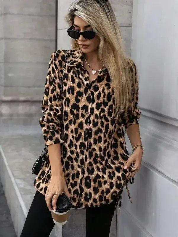Women's Long Sleeve Collar Button-Down Side Lace-Up Leopard Print Modal Blouse - 3