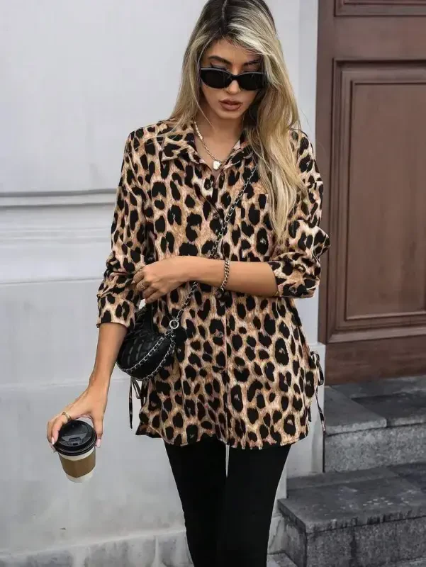 Women's Long Sleeve Collar Button-Down Side Lace-Up Leopard Print Modal Blouse - 5