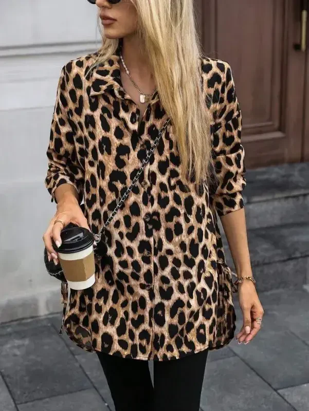 Women's Long Sleeve Collar Button-Down Side Lace-Up Leopard Print Modal Blouse - 6