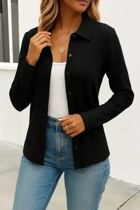 Women's Long Sleeve Collar Button-front Knit Cardigan - 3