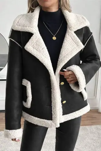 Women's Long Sleeve Collar Button-front Pocket Detailed Suede Jacket - 1