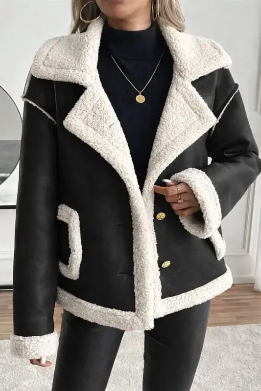 Women's Long Sleeve Collar Button-front Pocket Detailed Suede Jacket - 1