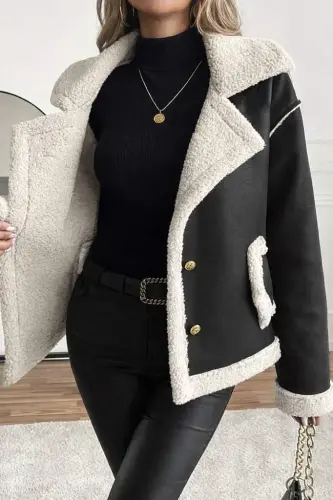 Women's Long Sleeve Collar Button-front Pocket Detailed Suede Jacket - BÜYÜKBEDENIZ (1)