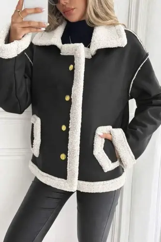 Women's Long Sleeve Collar Button-front Pocket Detailed Suede Jacket - 3