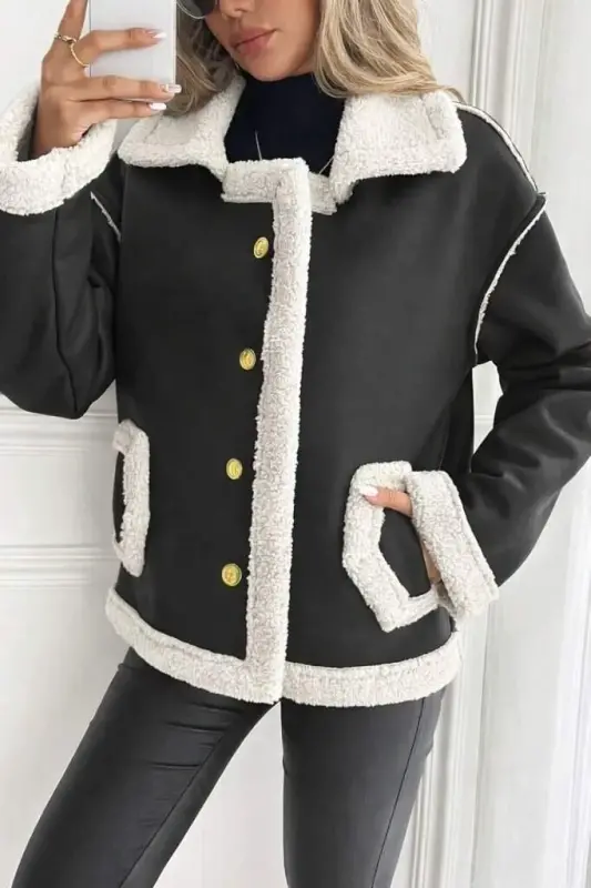 Women's Long Sleeve Collar Button-front Pocket Detailed Suede Jacket - 3