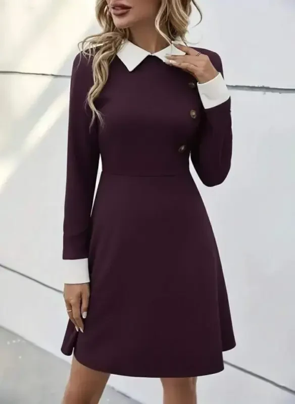 Women's Long Sleeve Collar Buttoned Lilac Modal Mini Dress - BÜYÜKBEDENIZ